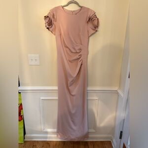 Xscape Blush Pink Gown with Rose Detail on Sleeves